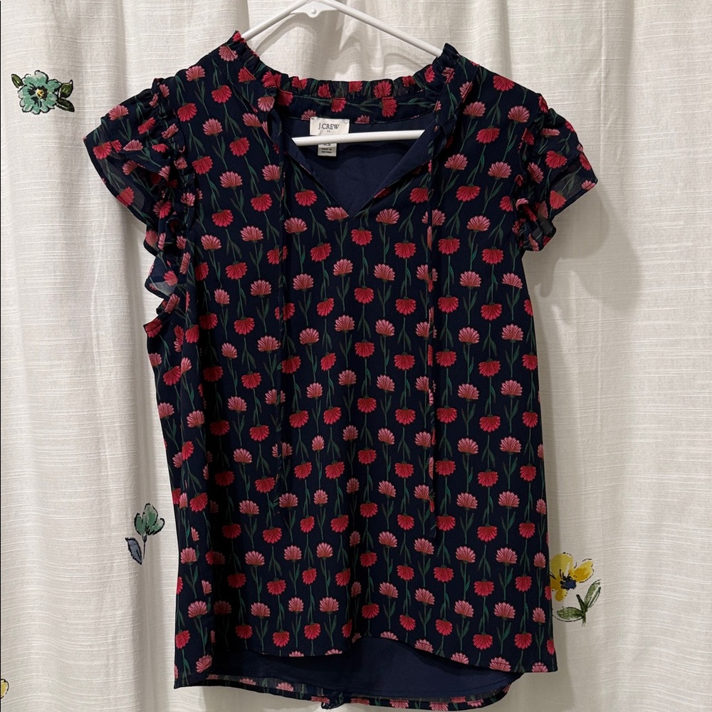 J. Crew Dark Blue and Red Floral Blouse